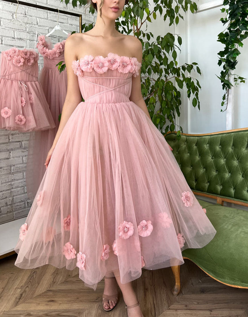 Pandora |Princess Strapless Light Pink Prom Dress with Flowers