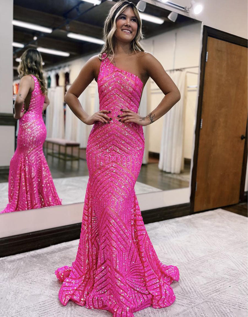 Yaretzi Hot Pink Mermaid Unique One Shoulder Sequins Prom Dress | KissProm