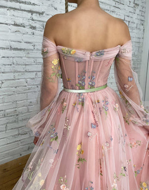 Dorothea |A-line Light Pink Embroidery Off the Shoulder Prom Dress