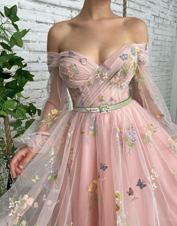 Dorothea |A-line Light Pink Embroidery Off the Shoulder Prom Dress