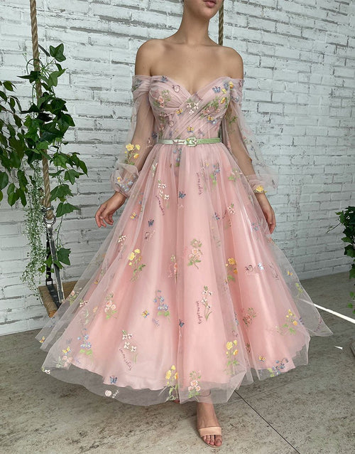 Dorothea |A-line Light Pink Embroidery Off the Shoulder Prom Dress