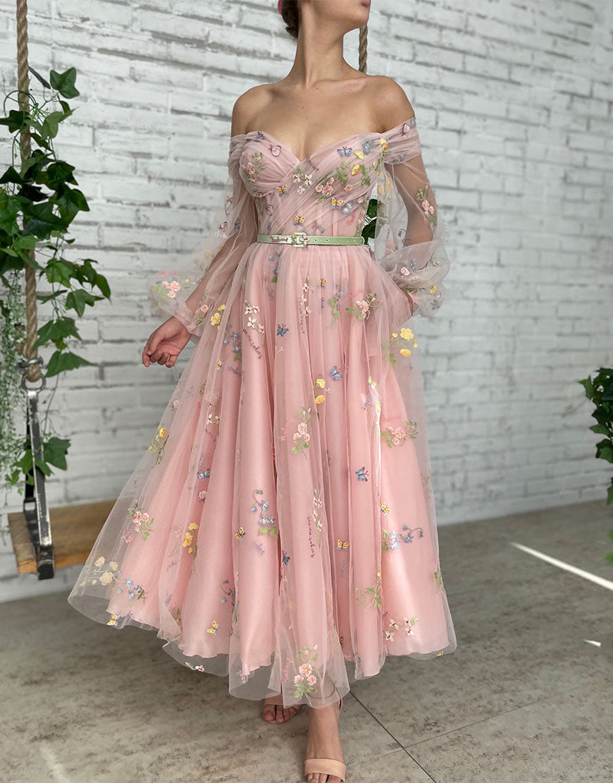 Dorothea |A-line Light Pink Embroidery Off the Shoulder Prom Dress