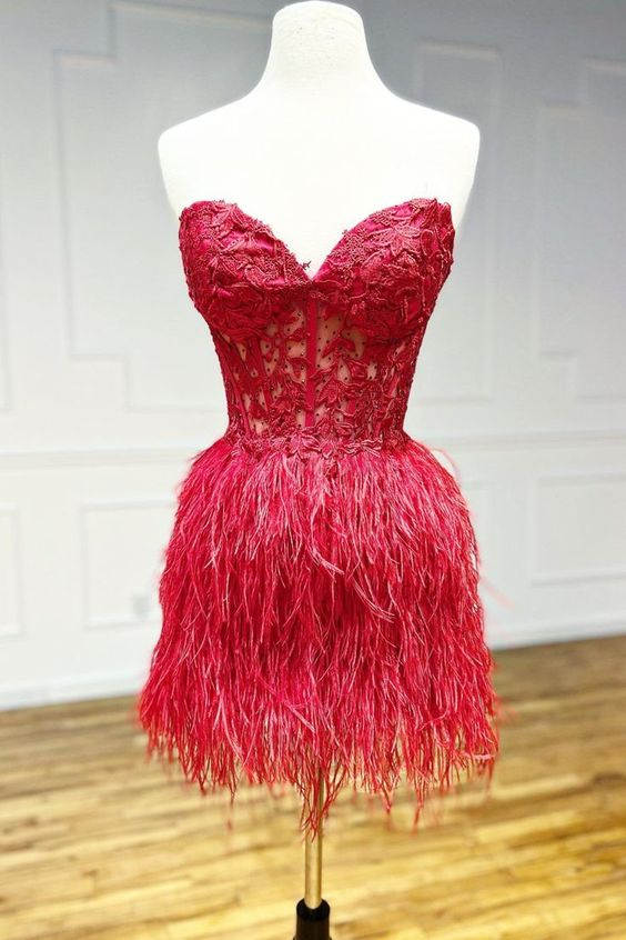 Amina |Sheath Sweetheart Lace Feather Skirt Homecoming Dress