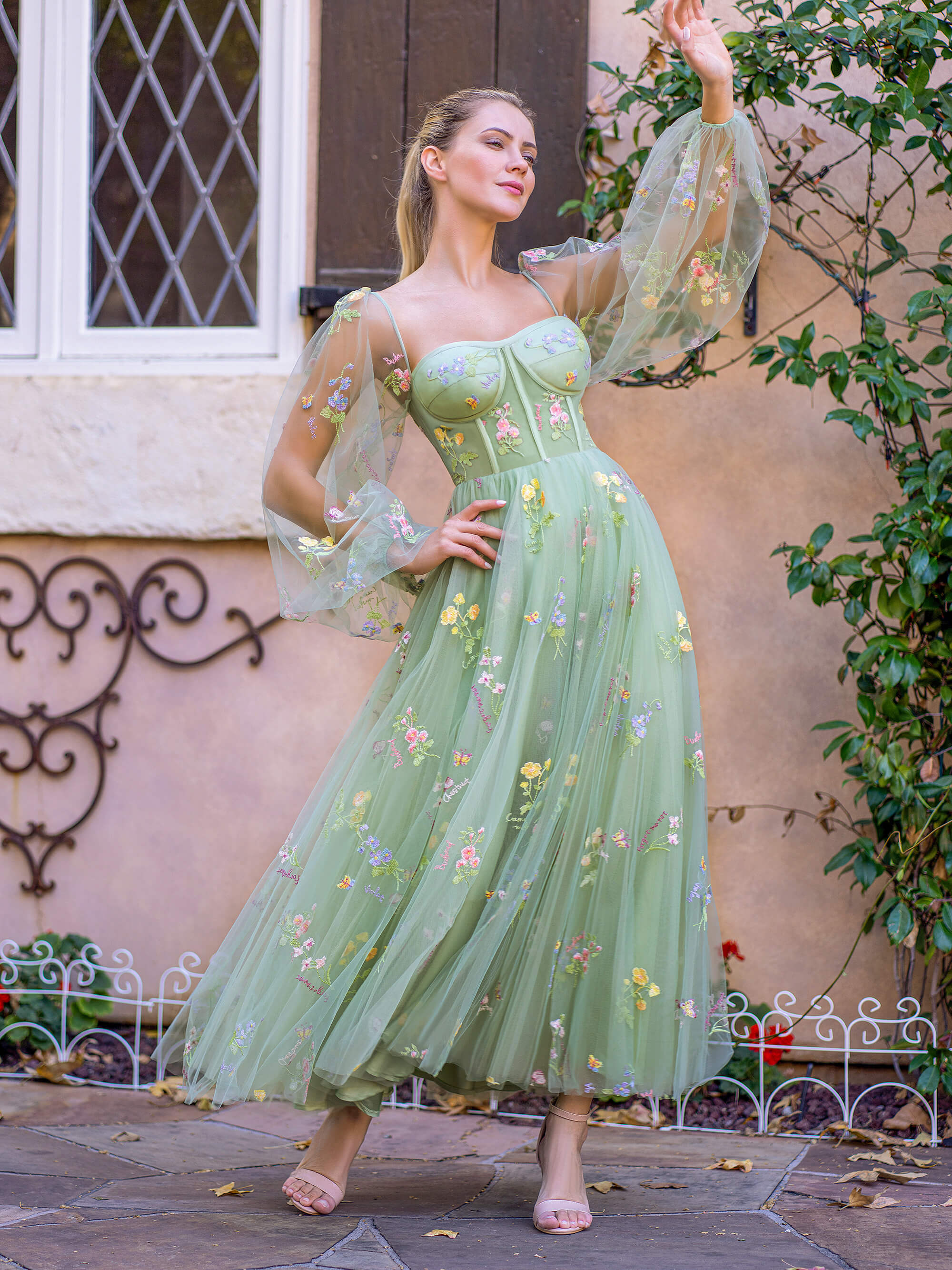 KissProm Sweetheart Embroidery Tea-Length Tulle Puff Sleeves Floral Corset Prom Dress, Green / 10