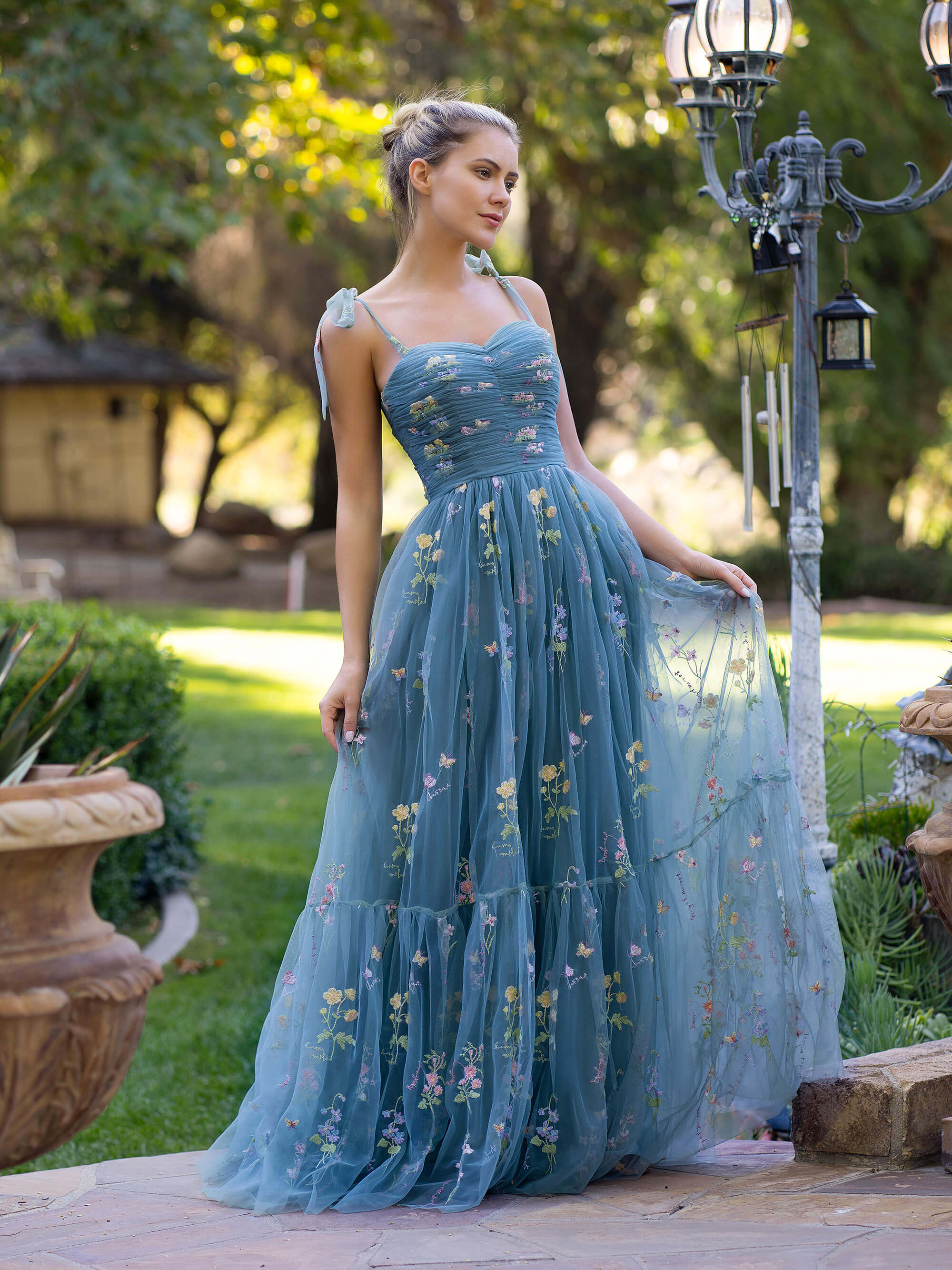 Sky Blue Lace Appliqued Satin and Tulle Prom Dress - VQ