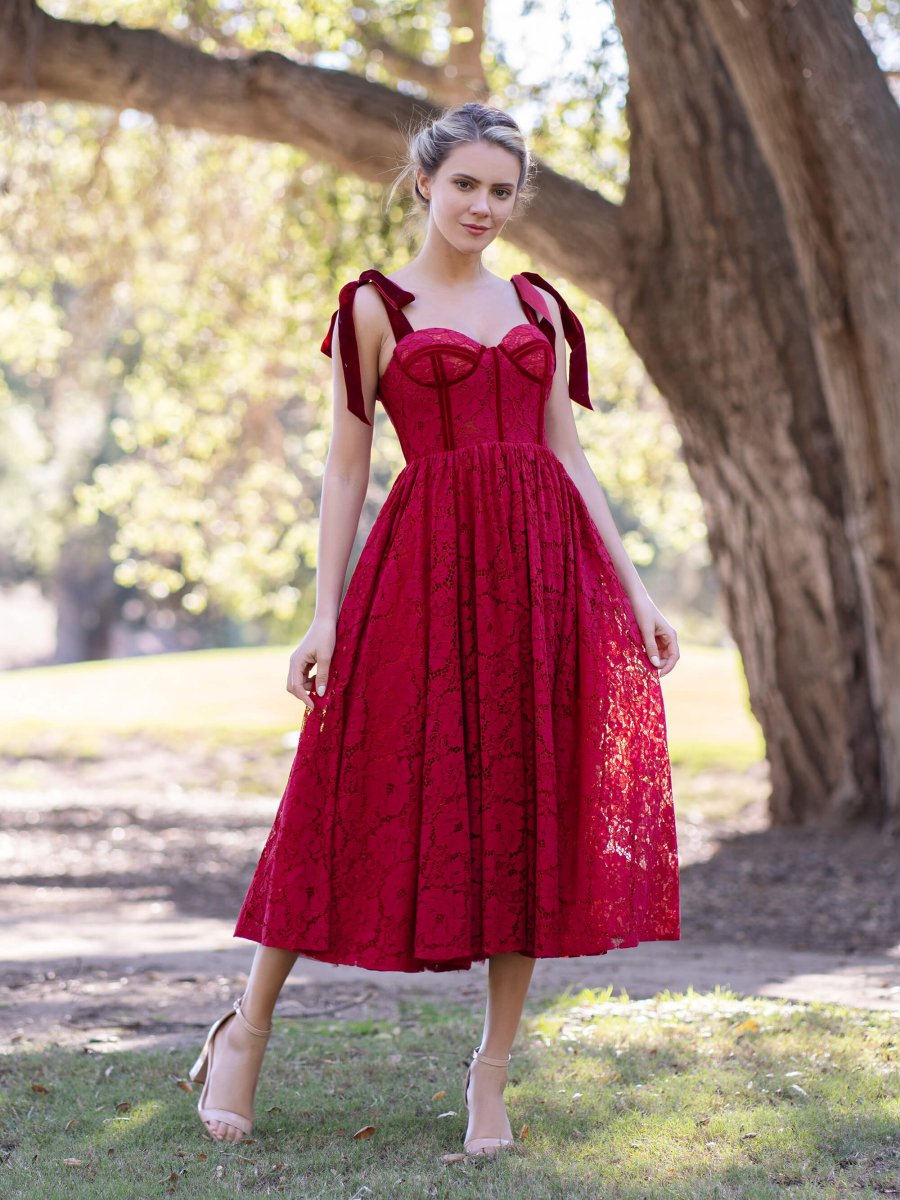 Corset Bow Straps Tea Length Lace Prom Dress - KissProm