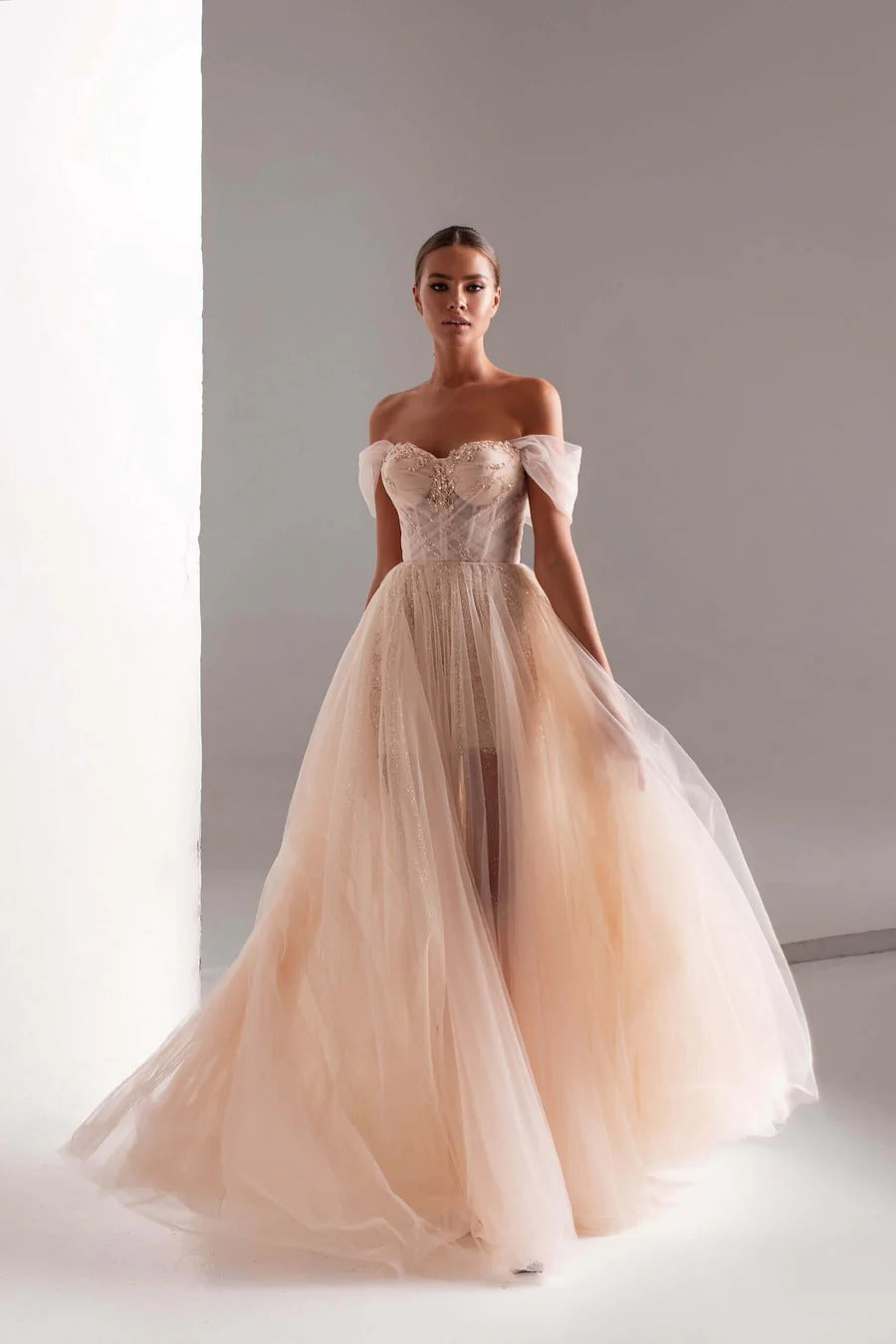 Tulle Prom Dress A-Line Long Shining Beads Prom Gown