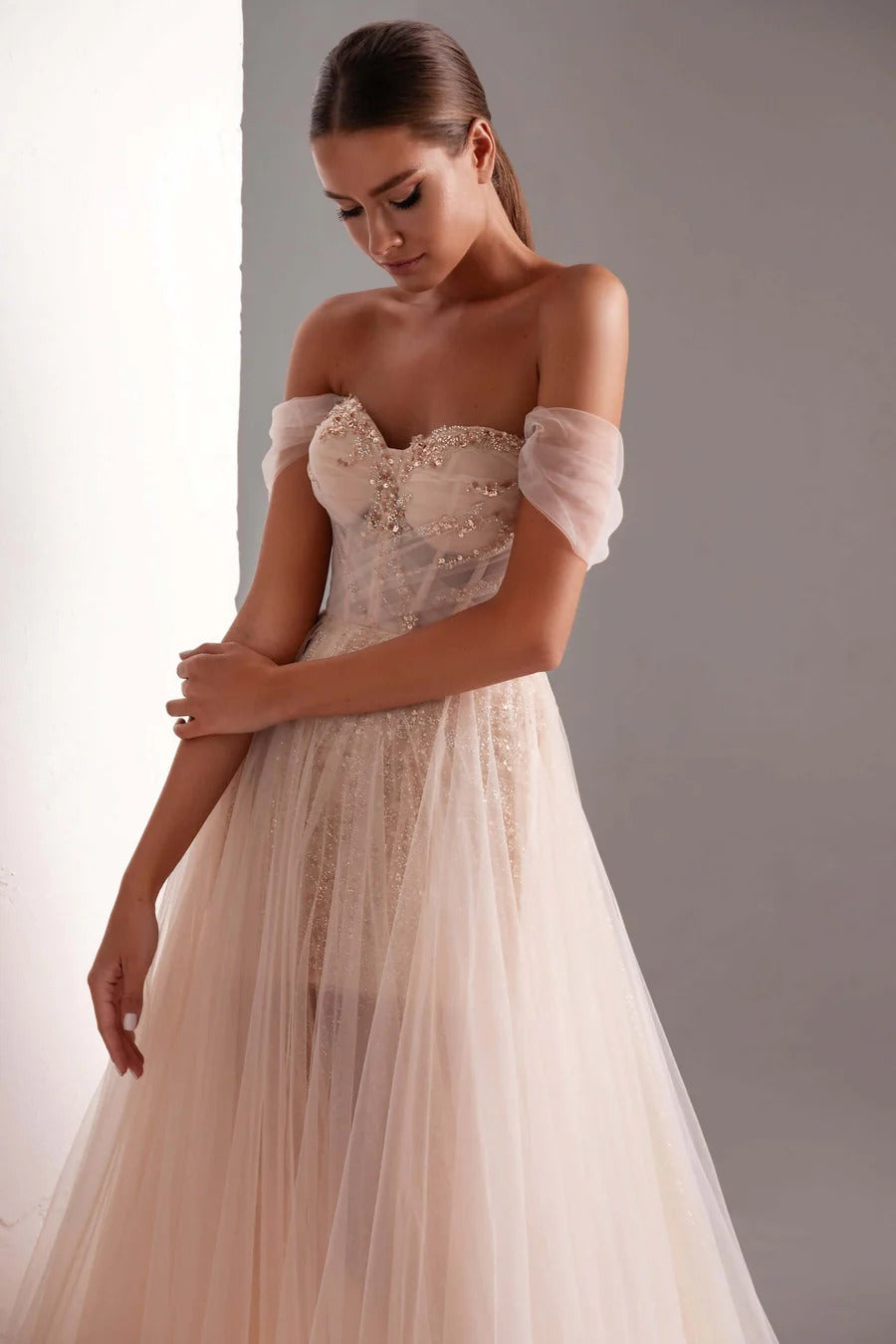 Tulle Prom Dress A-Line Long Shining Beads Prom Gown