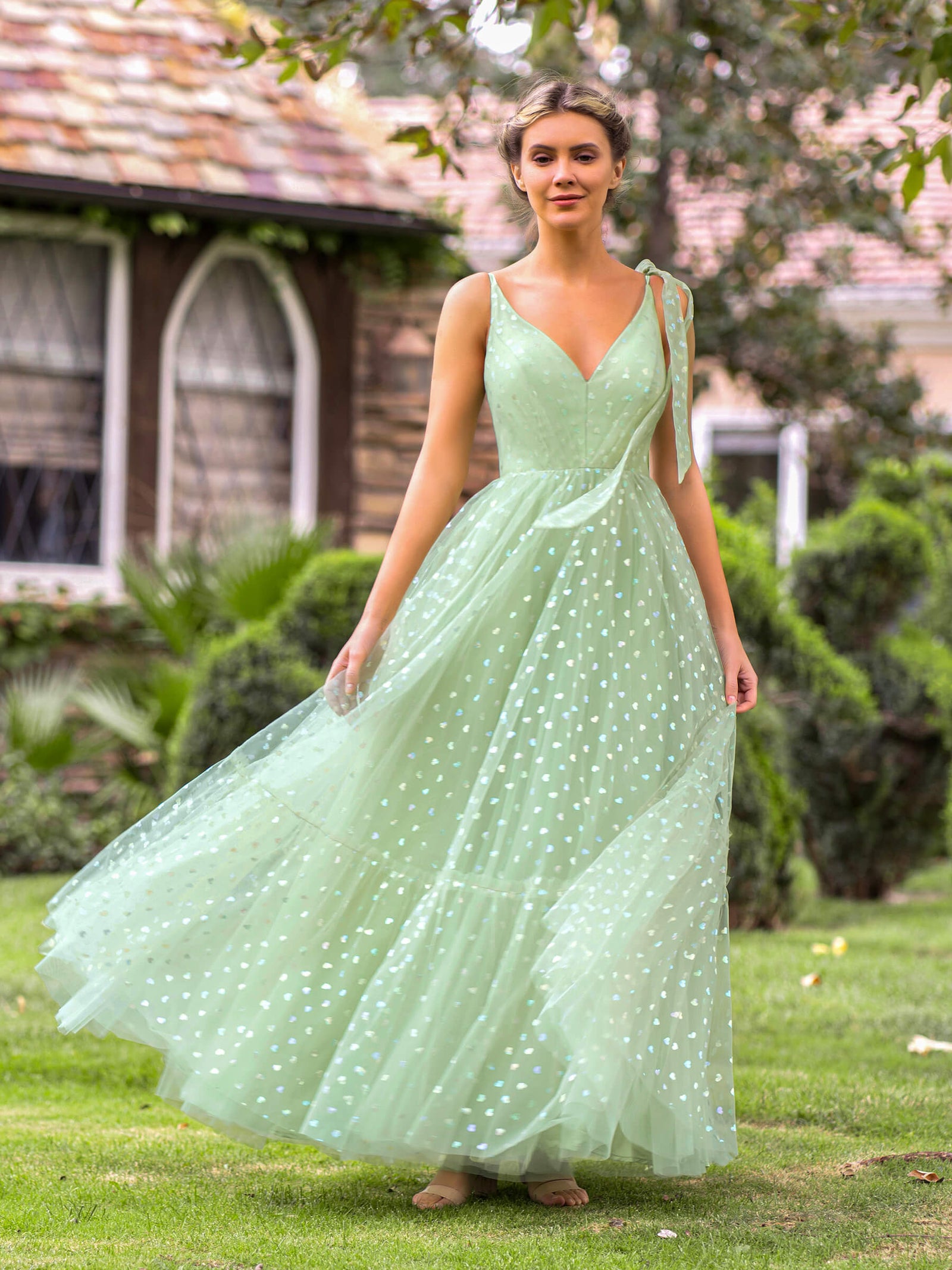 V-neck Dotted Floor Length Tulle Prom Dress | KissProm