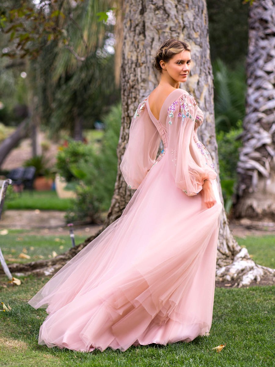 Vneck Embroidery Sequin Floor Length Tulle Prom Dress KissProm