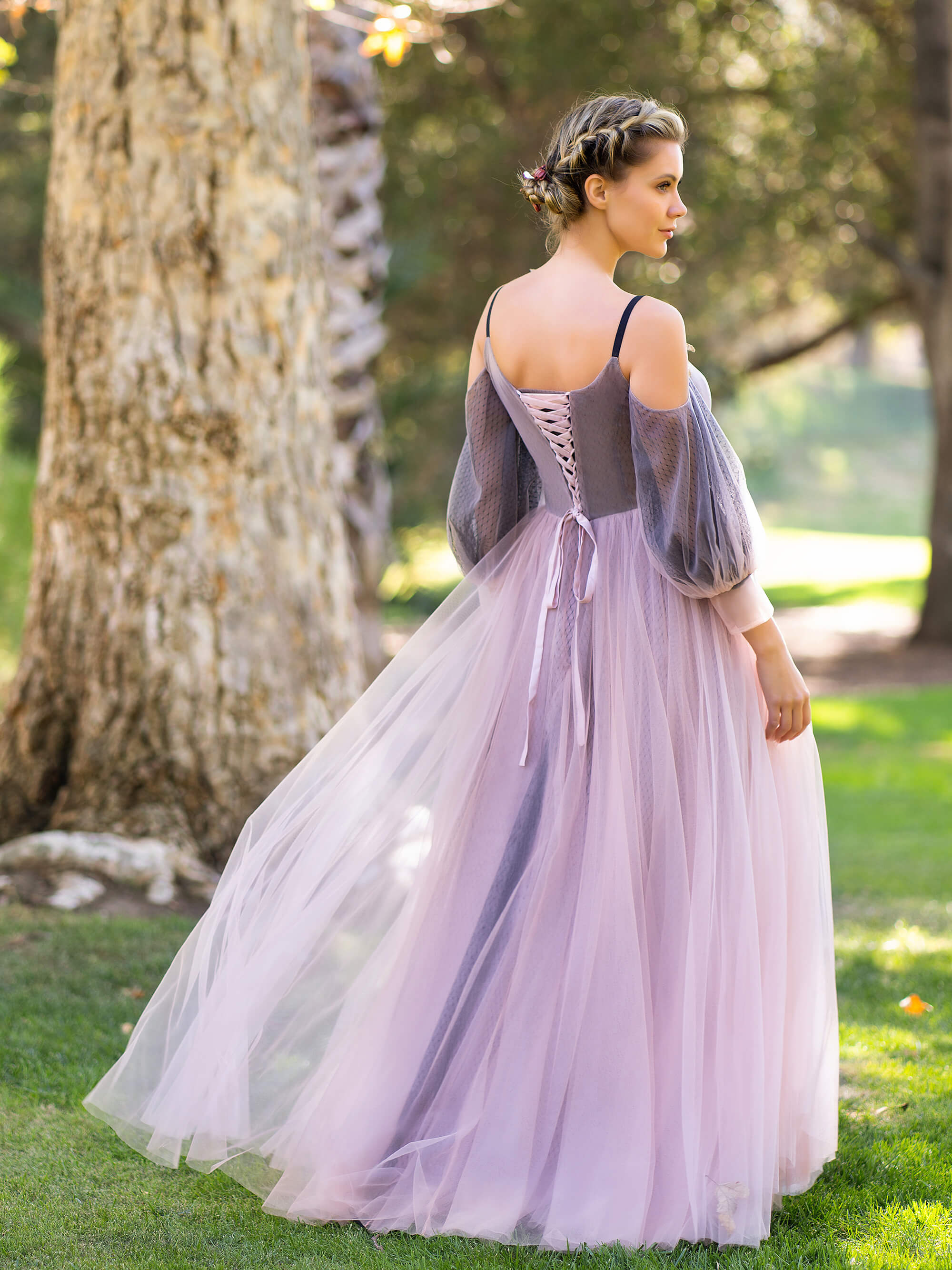 Wrap Top Tulle Half-Sleeve Appliques Prom Dresses